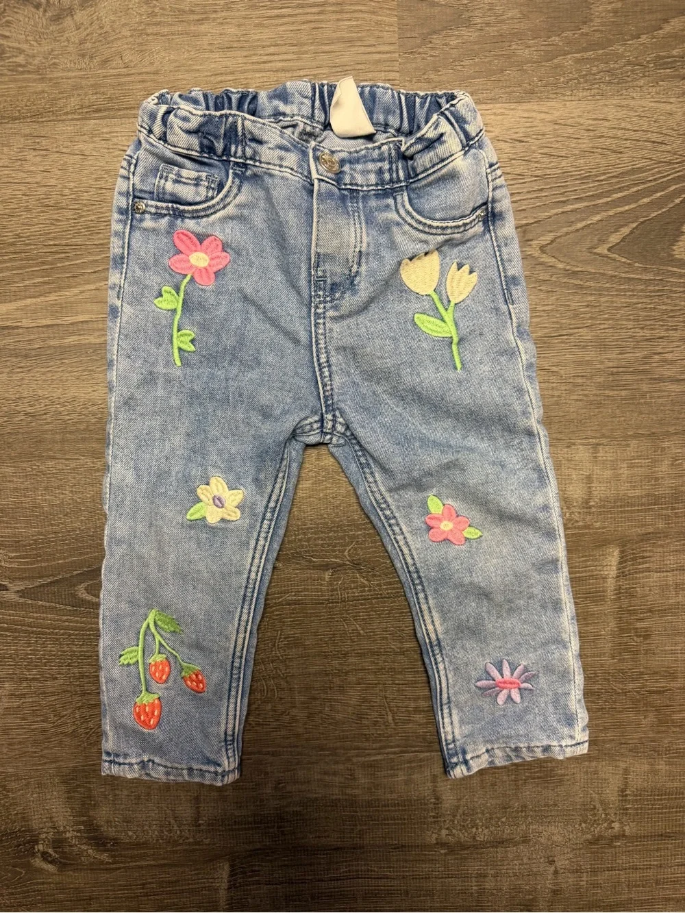 H&M Light Blue Denim Jeans with Multicolor Floral & Strawberry Appliqués